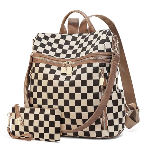 Checkered Backpack Purse - Checkered Bags for Women Plaid Backpack Handbags Back Pack Purse for Work (Brown) - color: A01-brown
