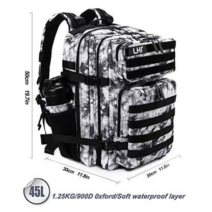 LHI Military Tactical Backpack for Men Molle Daypack 45L Army 3 Days Assault Pack Bag Large Rucksack With Bottle Holder Black and White(12*20*12) - color: 1.2 Black and White
