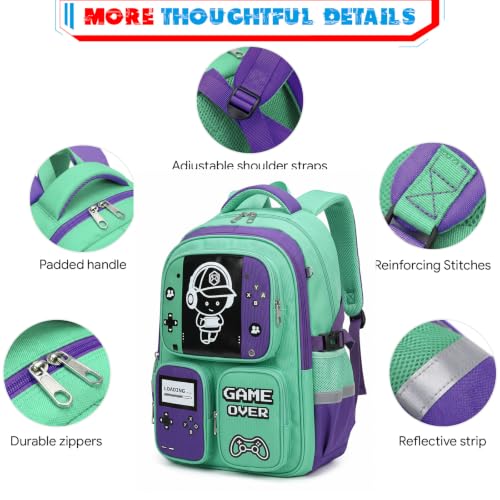 Boys Backpack, Luminous Gamer Backpack for Boys with Lunch Box,Pencil Case and Coin Puese,Kids Schoolbag Bookbag for Teen Boy Elementary Middle High School Travel(Green-Purple) - color: Green-purple