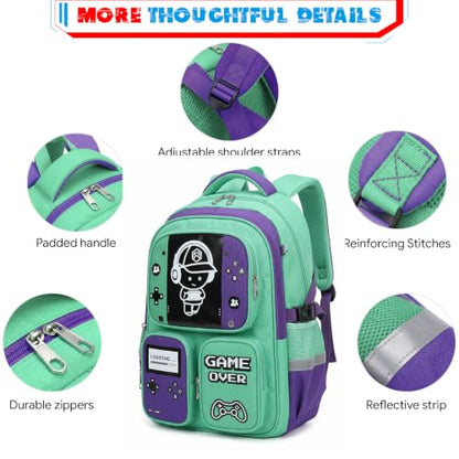 Boys Backpack, Luminous Gamer Backpack for Boys with Lunch Box,Pencil Case and Coin Puese,Kids Schoolbag Bookbag for Teen Boy Elementary Middle High School Travel(Green-Purple) - color: Green-purple