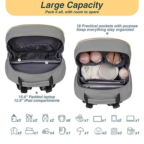 MOMUVO Diaper Bag Backpack, Quilted Baby Bag with Changing Pad and Stroller Straps and Pacifier Case, Large Travel Diaper Bags for Mom Dad, Grey - color: Grey