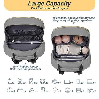 MOMUVO Diaper Bag Backpack, Quilted Baby Bag with Changing Pad and Stroller Straps and Pacifier Case, Large Travel Diaper Bags for Mom Dad, Grey - color: Grey