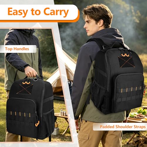 HODRANT Tactical Camp Utensil Organizer Backpack, Large Hanging Camping Kitchen Storage Bag with Paper Towel Holder & Multi-Pockets, Grill & Cookware Utensil Caddy for RV, BBQ & Picnic, Bag Only