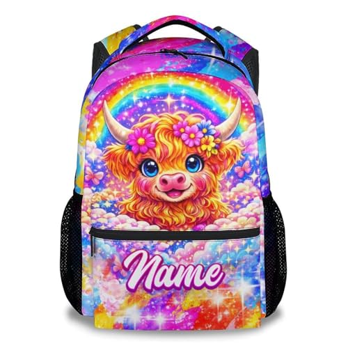 Kids Backpack Girls Customize Highland Cow School Bag with Adjustable Straps, Personalized Backpack for Kindergarten & Elementary, Preschool Bookbag for Girls (17 Inch) - color: Orange