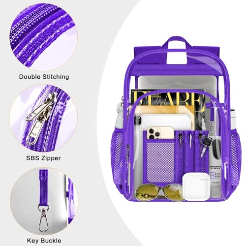PAMANO Clear Backpack, Heavy Duty Transparent Reinforced Bottom See Through for College, Travel Work Security - color: Purple