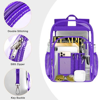 PAMANO Clear Backpack, Heavy Duty Transparent Reinforced Bottom See Through for College, Travel Work Security - color: Purple