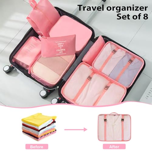 8 Set Packing Cubes for Suitcases, INVODA Travel Luggage Packing Organizers with Laundry Bag, Compression Storage Shoe Bag, Clothing Underwear Bag (Pink) - color: Pink