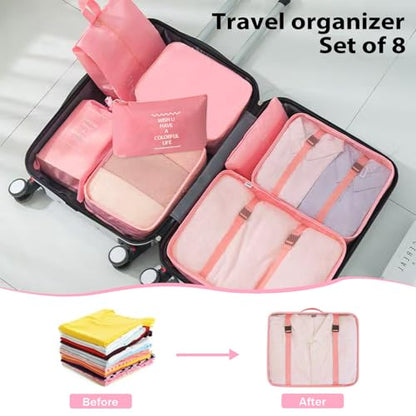 8 Set Packing Cubes for Suitcases, INVODA Travel Luggage Packing Organizers with Laundry Bag, Compression Storage Shoe Bag, Clothing Underwear Bag (Pink) - color: Pink