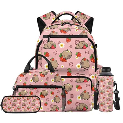 Strawberry Capybara Backpack for Girls Bookbag with Lunch Box Pencil Pouch and Water Bottle Holder 4 in 1 Elementary School Backpacks for Girls Bookbags for Back to School Supplies Set - color: Capybara Strawberry