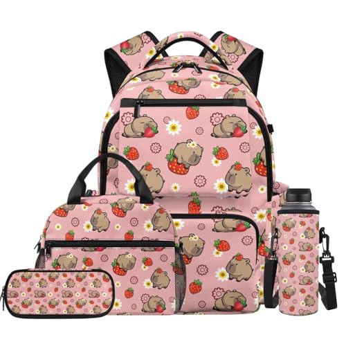 Strawberry Capybara Backpack for Girls Bookbag with Lunch Box Pencil Pouch and Water Bottle Holder 4 in 1 Elementary School Backpacks for Girls Bookbags for Back to School Supplies Set - color: Capybara Strawberry