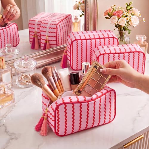Kacctyen 6 Pack Raspberry Red and Light Pink Striped Makeup Bag bulk with Tassel Travel Cosmetic Pouch Organizer Large Zipper Toiletry Case for Women Aesthetic Storage Pouch Mahjong Tile Bag - color: Raspberry Red and Light Pink