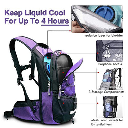 Mothybot Hydration Pack, Insulated Hydration Backpack with 2L BPA Free Water Bladder and Storage, Hiking Backpack for Men, Women, Kids for Running, Cycling, Camping - Keep Liquid Cool up to 5 Hours - color: Purple