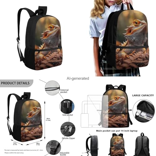 Dragon Lizard Backpack for Kids Boys Backpack with Lunch Box Water Bottle Holder with Strap and Soft Pencil Case 4PCS Set Bookbag with Front Pocket 17 inch Large Capacity School Bag for Girls - color: Dragon Lizard