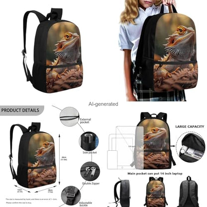 Dragon Lizard Backpack for Kids Boys Backpack with Lunch Box Water Bottle Holder with Strap and Soft Pencil Case 4PCS Set Bookbag with Front Pocket 17 inch Large Capacity School Bag for Girls - color: Dragon Lizard
