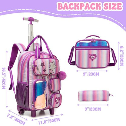 Kids Rolling Backpack with Wheels for Girls Elementary Students Kids Travel Luggage Carry on School Backpack for Girls Ages 6-8 - color: A Stripe