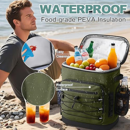 Large 52cans Cooler Backpack, Insulated, Waterproof, Leak Proof, 30L Large Capacity - color: Army Green