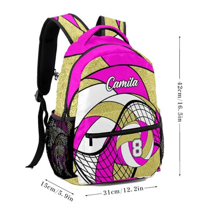 Volleyball Deep Pink Gold Multifuction Waterproof Backpack with Name Custom Shoulders Bookbag for Birthday Holiday Gift - color: Volleyball Deep Pink Gold