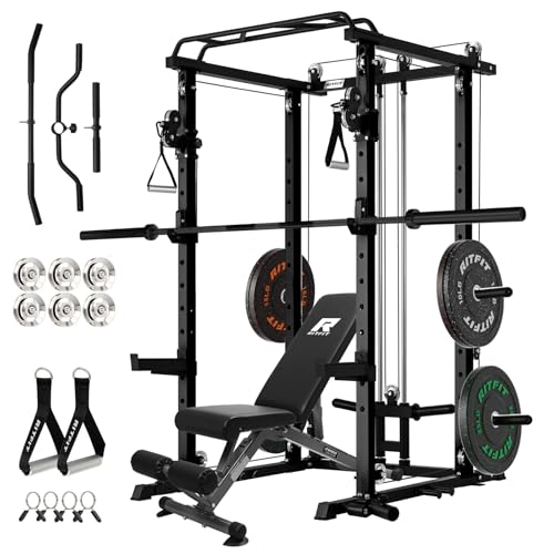 RitFit Multi-Function Garage & Home Gym Package Includes 1200LBS Power Cage PPC03/P3 with Cable Crossover System, Weight Bench, Olympic Barbell Weight Set, Full Body Workout - color: Black, style: Package 1.2K (with FBP 100lbs Plates)