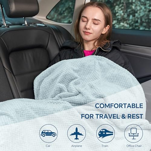 BEDELITE Travel Blanket with Bag, Ultra-Soft Jacquard Fleece Blanket with Luggage Sleeve & Backpack Clip, Airplane Blanket Travel Essentials, Blue - color: Blue