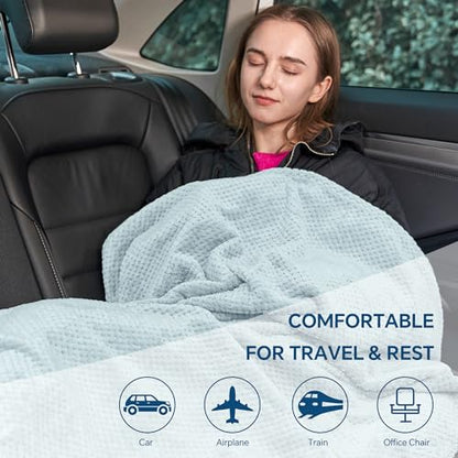 BEDELITE Travel Blanket with Bag, Ultra-Soft Jacquard Fleece Blanket with Luggage Sleeve & Backpack Clip, Airplane Blanket Travel Essentials, Blue - color: Blue