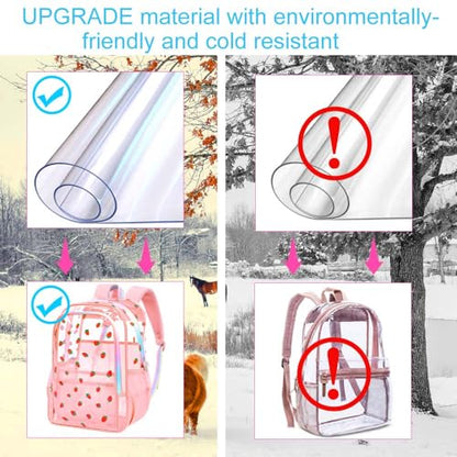 gxtvo 3PCS Clear Backpack for Girls Heavy-Duty Set for Women & Teen, 17" Pink Transparent Bookbag with Rainbow Strap, Cute Strawberry See Through School Bag - color: Pink Strawberry Clear Backpack Set