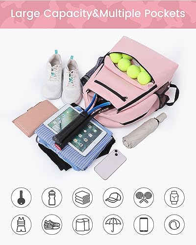 Sucipi Tennis Bag Professional Tennis Backpack for Men and Women Racket Bags Holds 2 Rackets with Ventilated Shoe Compartment - color: Pink with Shoes Compartment