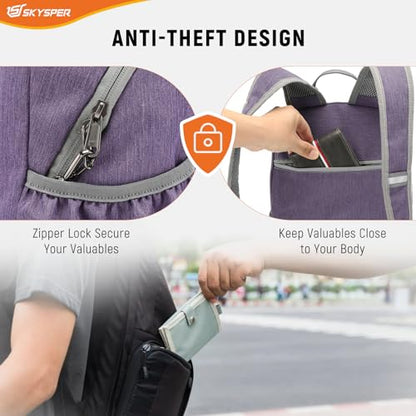 SKYSPER Anti Theft Hiking Backpack, 20L RFID Packable Travel Daypack, Lightweight Foldable Back Pack for Walking Daytrip - color: Purple