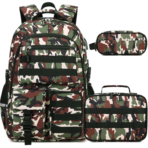 DIGOBAY Camo Backpack for Boys, Tactical Boy Backpacks for School, Kids Backpack With Lunch Box Pencil Case USB Charging Port Military Army SchoolBags for Boy Teens Kids Elementary Middle High School - color: Green Brown Camo