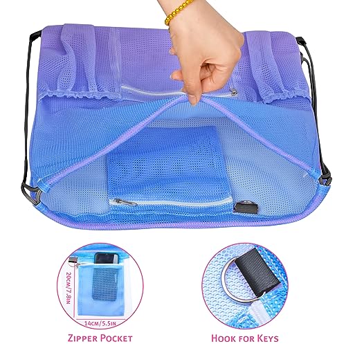 Mesh Drawstring Bag with Zipper Pocket, Beach Bag for Swimming Gear Backpack Gym Storage Bag for Adult - color: Blue