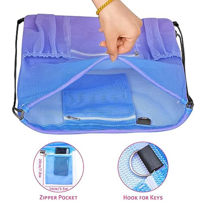 Mesh Drawstring Bag with Zipper Pocket, Beach Bag for Swimming Gear Backpack Gym Storage Bag for Adult - color: Blue