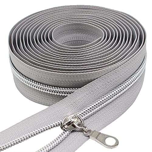 MebuZip #5 Silver Metallic Nylon Coil Zippers by The Yard Bulk Coil Zipper Roll 10 Yards with 25pcs Pulls for DIY Sewing Craft Bags (Grey) - color: Silver Grey