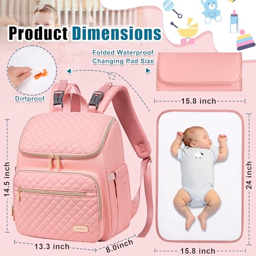 Weitars Diaper Bag Backpack Large Baby Diaper Bag with Changing Pad Travel Diaper Backpack,Baby Bag for Boys Girls,Stroller Straps,5 Insulated Pockets (Pink) - color: Pink