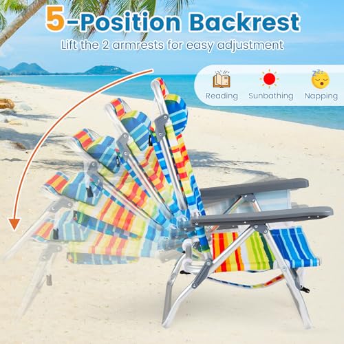 COSTWAY Portable Folding Backpack Beach Chairs Set of 2 with 5-Position Backrest, Padded Headrest, Cup Holder & Ice Bag for Lawn, Poolside (Rainbow Stripe) - color: Rainbow Stripe