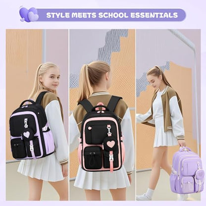 MOONBABY Girls Backpack, Kids Backpack for Girls, School bag for Primary Elementary Teenage, Middle School Students Bookbag - color: Black Purple