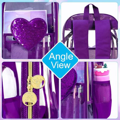 gxtvo 3PCS Girls Clear Backpack Heavy-Duty Set for Women & Teen, 17" See Through Bookbag with Luxurious Gold Zipper, Deep Purple Sequins Transparent School Bag - color: Deep Purple Sequins Clear Backpack Set