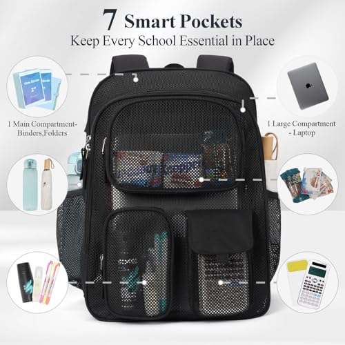 PACKISM Mesh Backpack for School - 18 Inch Extra Large Heavy Duty Mesh Bookbag for Boys Girls, See Through School Backpack with 3 Front Pockets for Students, Black (Age 12+) - color: 03 Black, style: 18“ Pro Series (3 Front Pockets)