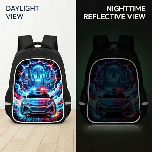 Police Car Kids Backpack, Future Starry Sky Spaceship with Lightning School Bag with Reflective Safety Design, Durable Bookbag for Boys Elementary School Daily Carry, 17 Inch - color: Police Car