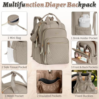 Diaper Bag Backpack, 27L Large Quilted Small Baby Bag with Changing Pad & Pacifier Case, Stroller Hooks, Easy-Access Baby Essential, Maternity Travel Backpack Unisex, Brown - color: Brown, size: Large
