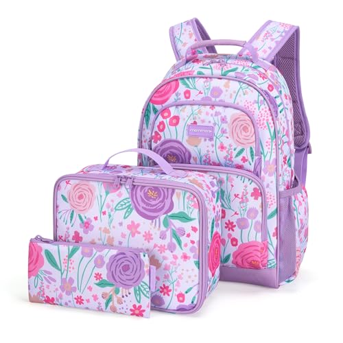 mommore Kids Backpack for Boys Girls 4-8 Kindergarten Elementary School Backpack with Lunch Box - 15” H Fit Folder - color: Purple Flower, style: 3 Pcs