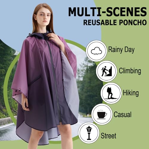 Fashion Hooded Rain Poncho Waterproof Raincoat Jacket with pocket for Women/Men/Adult - color: Gradient Purple