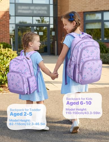 VASCHY Kids Backpacks, 12L Toddler & 17.5L School Backpacks, Lightweight Water-Resistant for Boys and Girls Ages 3-12 - color: Purple Flutter-l, size: Large