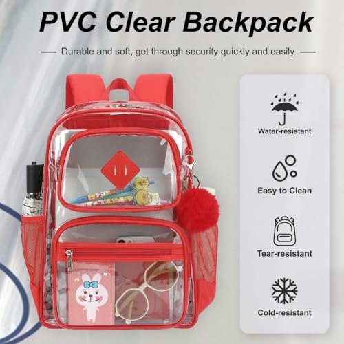 Heavy Duty Clear Backpack for Girls Boys Transparent School Bookbag Kids Durable PVC See Through Backpack-Red - color: Red