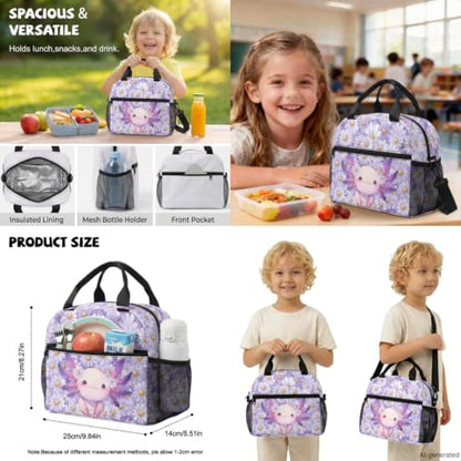 ZDCUSTOM 5PCS Daisy Axolotl Backpacks with Lunch Box Set for Girls - color: Daisy Axolotl