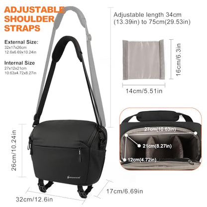 Besnfoto Camera Bag Crossbody Waterproof Sling Purse Case Small Photography Shoulder Messenger Bag Backpack with Tripod Holder for DSLR SLR Mirrorless Camera - color: Black
