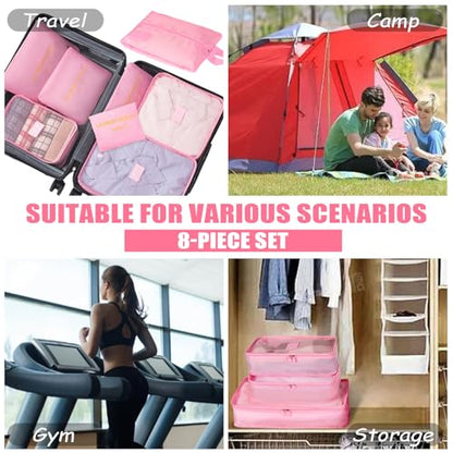 8 Set Packing Cubes for Travel Luggage Packing Bags Reusable Waterproof Suitcase Organizer Cubes Set with Shoe Bag and Toiletry Bag (Pink) - color: Pink