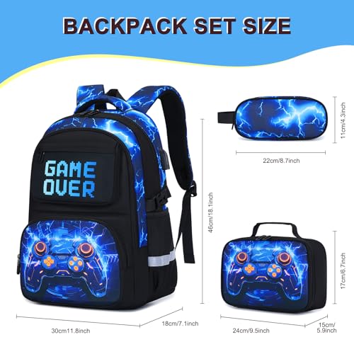 3PCS School Backpack for Boys, Cool Gamer Boys Backpack with Lunch Box and Pencil Case for Kids Kindergarten Teens Elementary Middle School Bag with Convenient Charging Port,Gaming Bookbag Waterproof - color: Blue Lightning