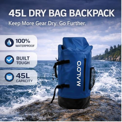 Malo’o 45L Waterproof Dry Bag Backpack – Heavy Duty Roll Top Fishing & Beach Backpack, IPX6 Water Resistant Gear Bag for Kayaking, Camping, Surf, Travel & Outdoor Adventure - color: Blue
