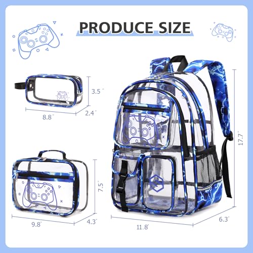 DIGOBAY 3PCS Cool Luminous Clear Backpack for Boys Kids, Gamer Clear Bookbag for School, See Through PVC Transparent Backpacks with Lunch Bag Pencil Case, Backpack Heavy Duty for School Stadium - color: Blue Lightning