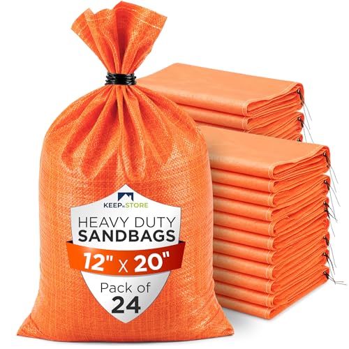 Heavy Duty Sand Bags Pack of 24, Bright Orange Empty Sandbags with Built-In Ties, Woven Polypropylene UV Protection 1600 Hours, Fillable Bags for Flood Control, Weight, 12x20 inches, 25 Pounds Volume - size: 12"W x 20"L, style: Pack of 24