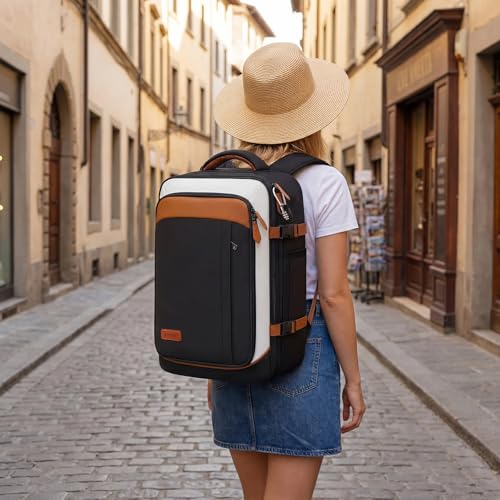 Vancropak 40L Carry On Travel Backpack for Men & Women, Expandable Flight Approved Weekender Backpack with 3 Packing Cubes, Water-Resistant Anti-Theft Laptop Backpack, Lightweight Business Travel Bag - color: Black White Light Brown